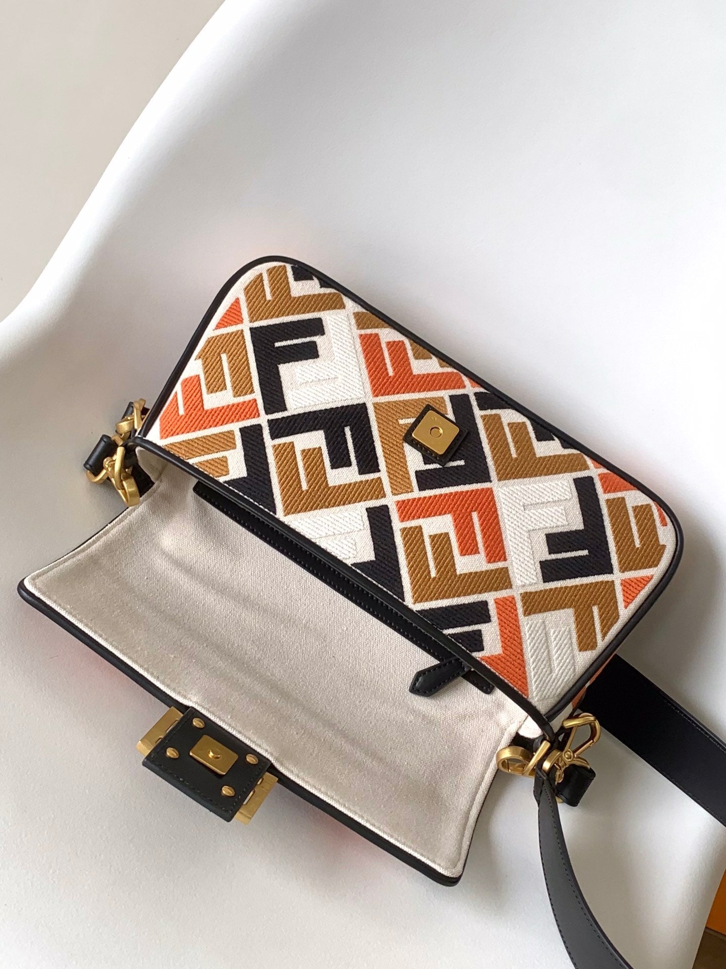 FENDI Fend Baguette Black White Brown Orange Canvas Bag 27 with FF Embroidery Ghw