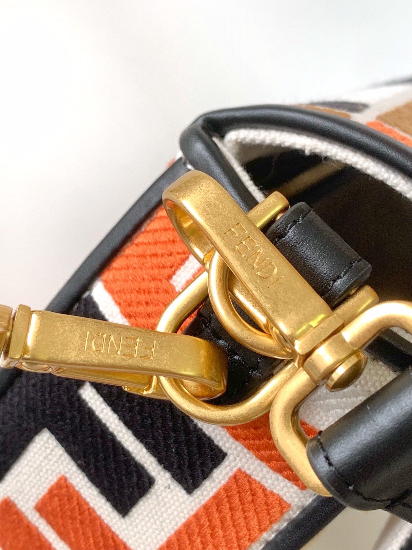 FENDI Fend Baguette Black White Brown Orange Canvas Bag 27 with FF Embroidery Ghw