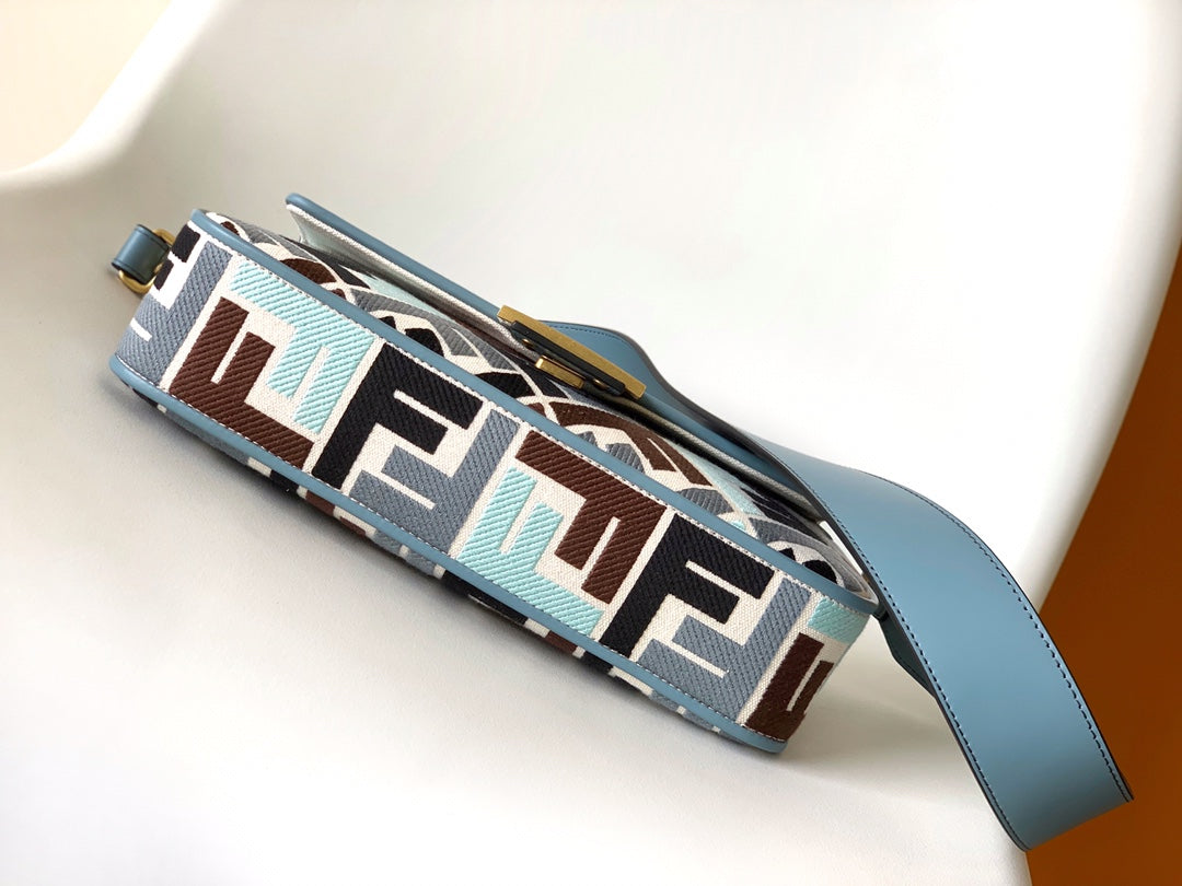 FENDI Fend Baguette Sky Blue and Multicolour Canvas Bag 27 with FF Embroidery Ghw
