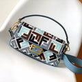 FENDI Fend Baguette Sky Blue and Multicolour Canvas Bag 27 with FF Embroidery Ghw