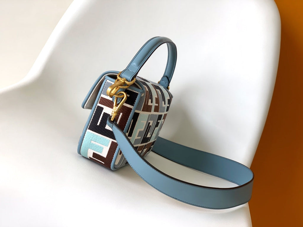 FENDI Fend Baguette Sky Blue and Multicolour Canvas Bag 27 with FF Embroidery Ghw