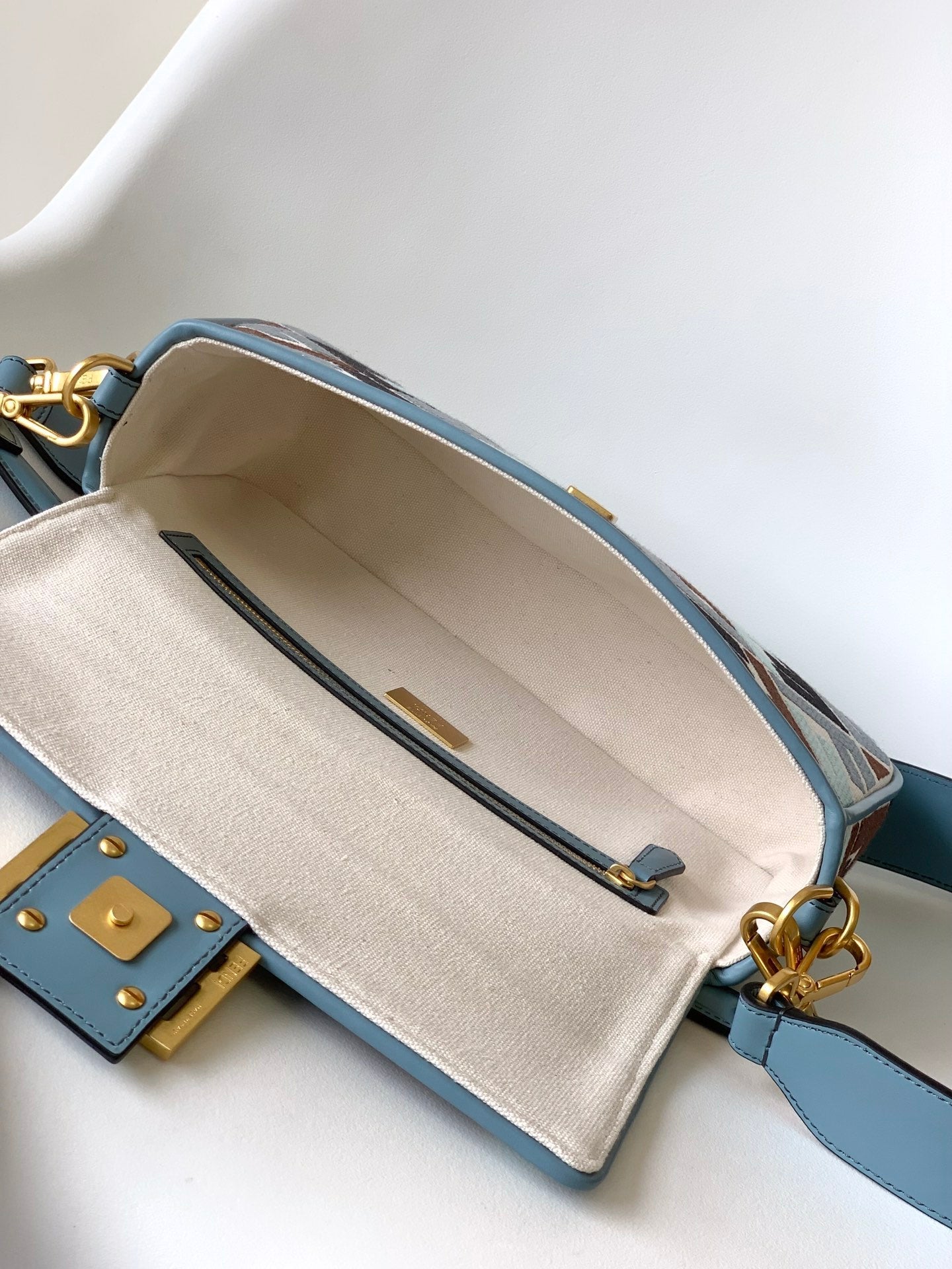 FENDI Fend Baguette Sky Blue and Multicolour Canvas Bag 27 with FF Embroidery Ghw