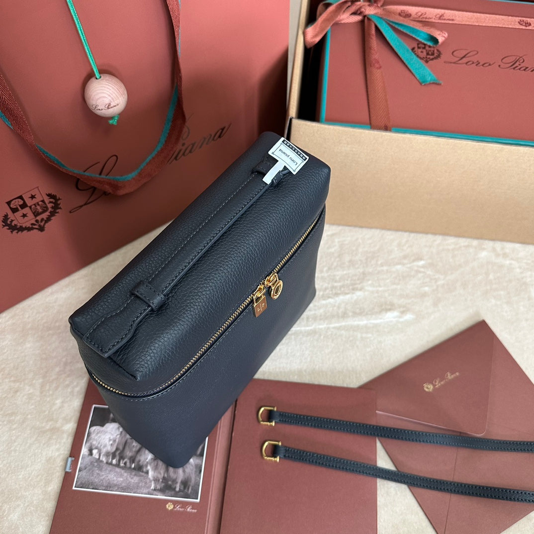 LORO PIANA EXTRA POCKET BACKPACK L23.5 IN DARK BLUE CALFSKIN WITH GOLD HARDWARE