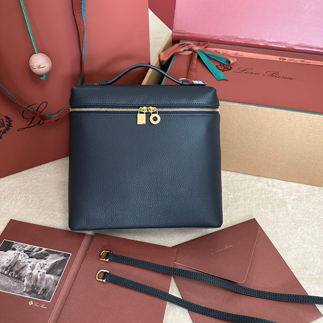 LORO PIANA EXTRA POCKET BACKPACK L23.5 IN BLACK CALFSKIN WITH GOLD HARDWARE