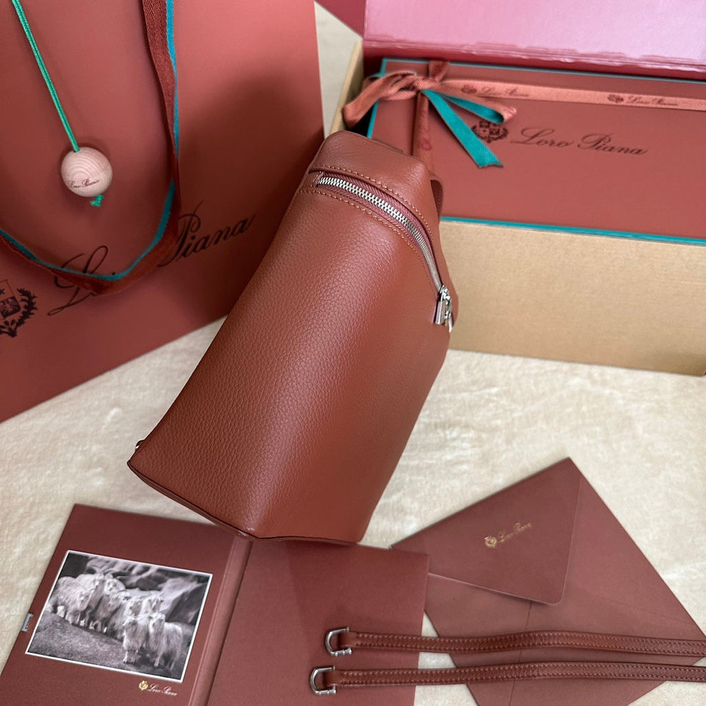 LORO PIANA EXTRA POCKET BACKPACK L23.5 IN BRONZE BROWN CALFSKIN WITH SILVER HARDWARE