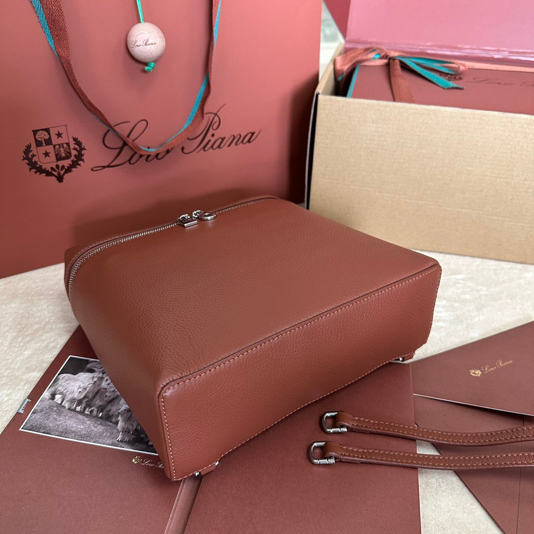 LORO PIANA EXTRA POCKET BACKPACK L23.5 IN BRONZE BROWN CALFSKIN WITH SILVER HARDWARE