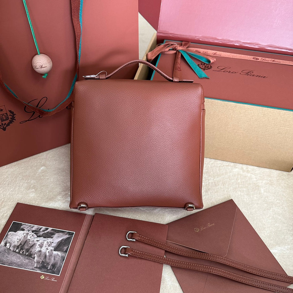 LORO PIANA EXTRA POCKET BACKPACK L23.5 IN BRONZE BROWN CALFSKIN WITH SILVER HARDWARE