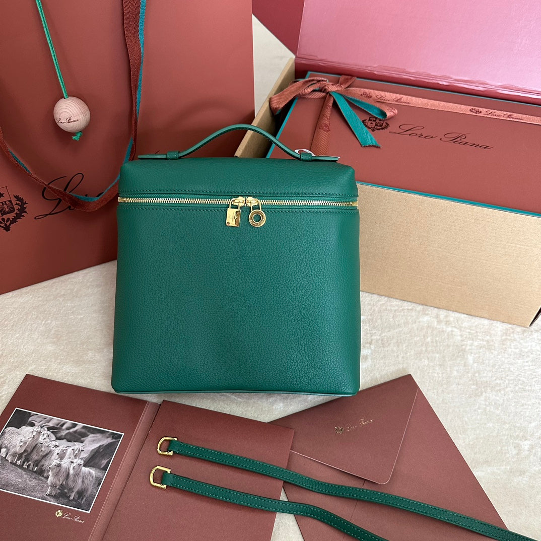 LORO PIANA EXTRA POCKET BACKPACK L23.5 IN TEAL GREEN CALFSKIN WITH GOLD HARDWARE