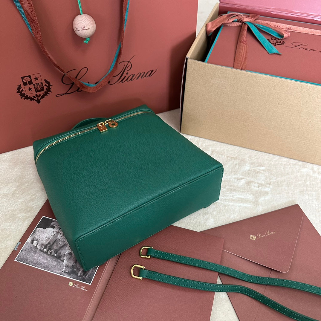 LORO PIANA EXTRA POCKET BACKPACK L23.5 IN TEAL GREEN CALFSKIN WITH GOLD HARDWARE