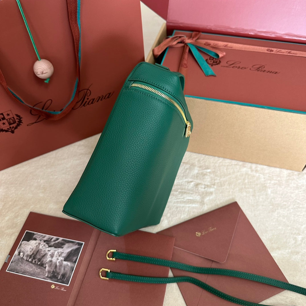 LORO PIANA EXTRA POCKET BACKPACK L23.5 IN TEAL GREEN CALFSKIN WITH GOLD HARDWARE