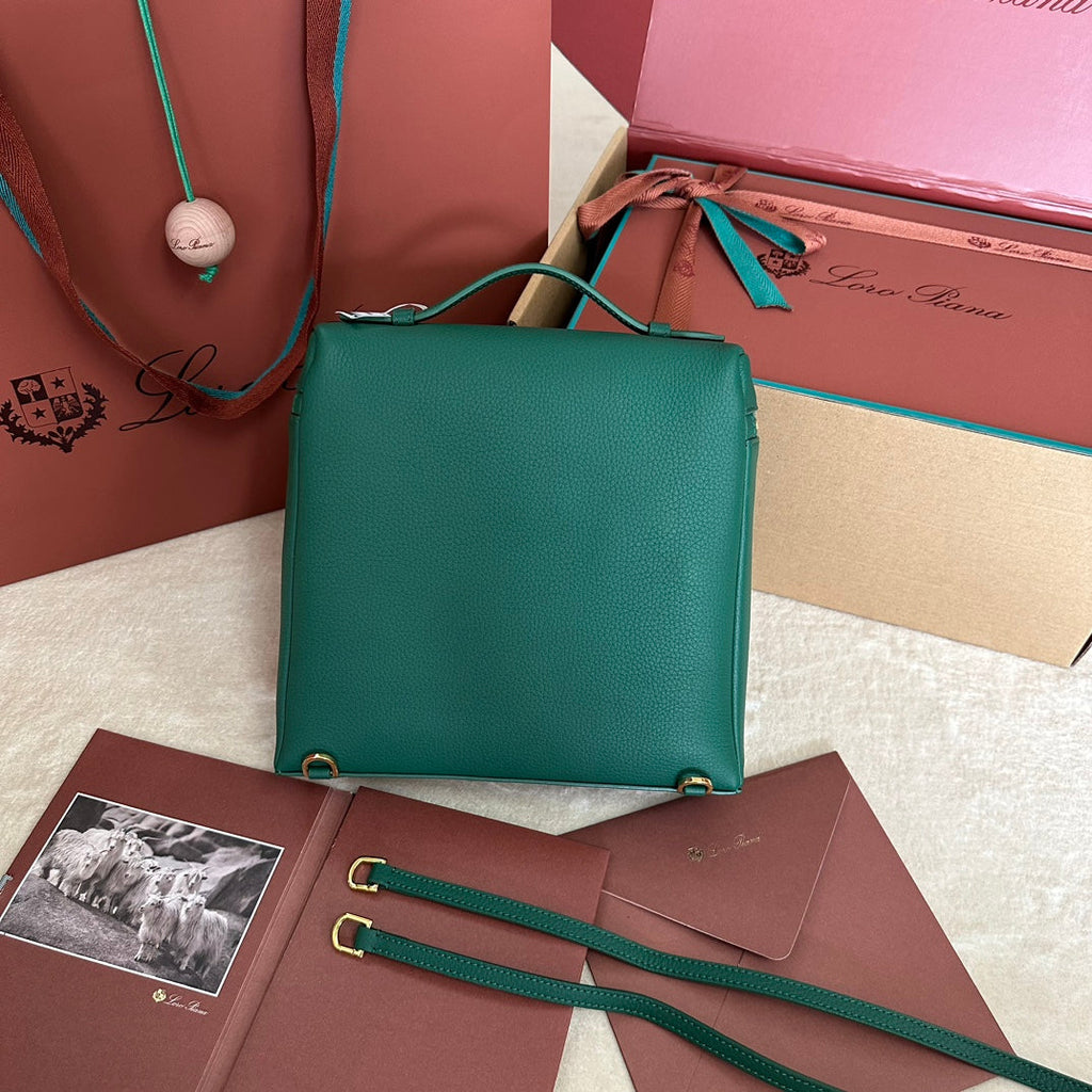 LORO PIANA EXTRA POCKET BACKPACK L23.5 IN TEAL GREEN CALFSKIN WITH GOLD HARDWARE