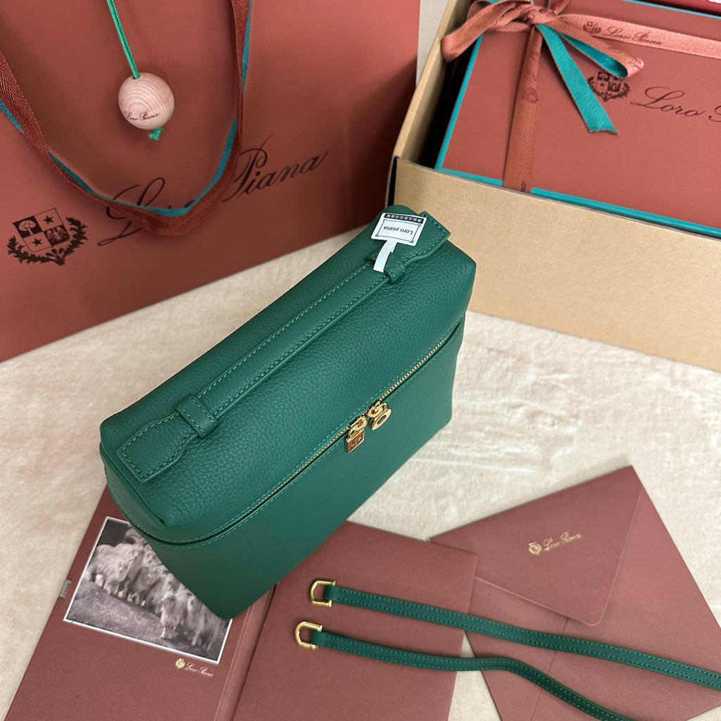 LORO PIANA EXTRA POCKET BACKPACK L23.5 IN TEAL GREEN CALFSKIN WITH GOLD HARDWARE