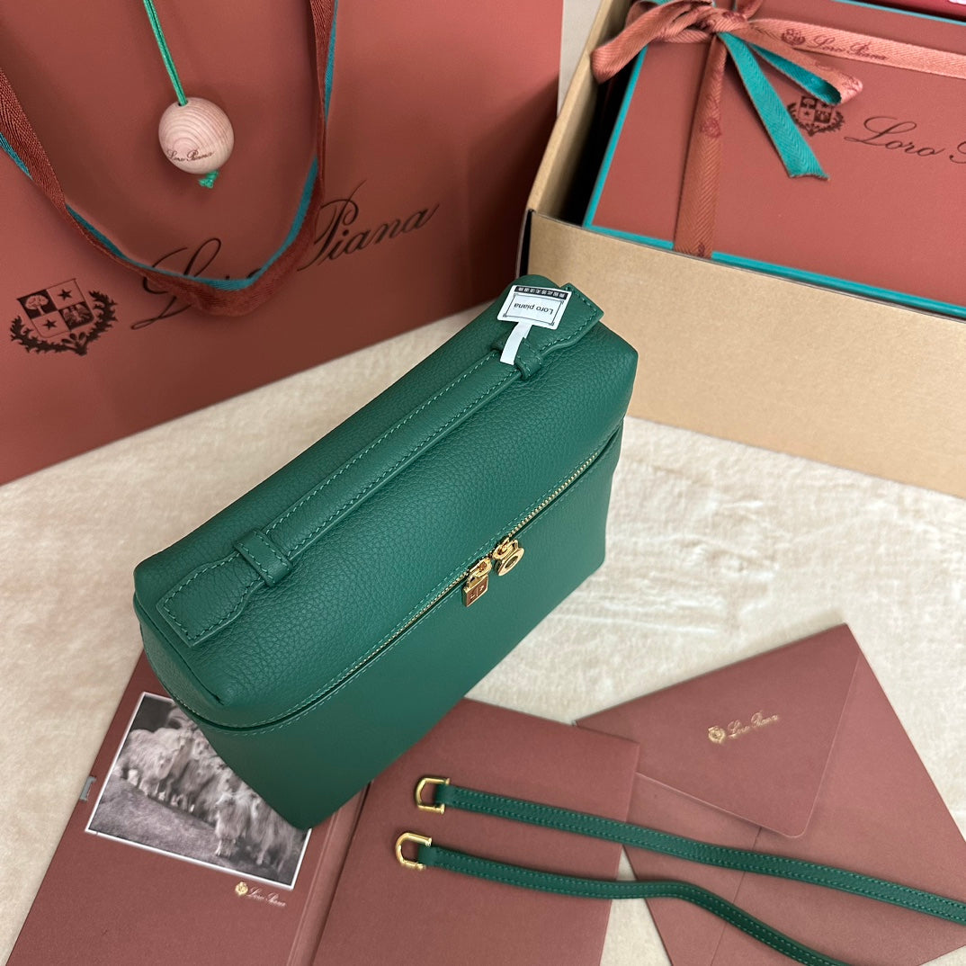 LORO PIANA EXTRA POCKET BACKPACK L23.5 IN TEAL GREEN CALFSKIN WITH GOLD HARDWARE