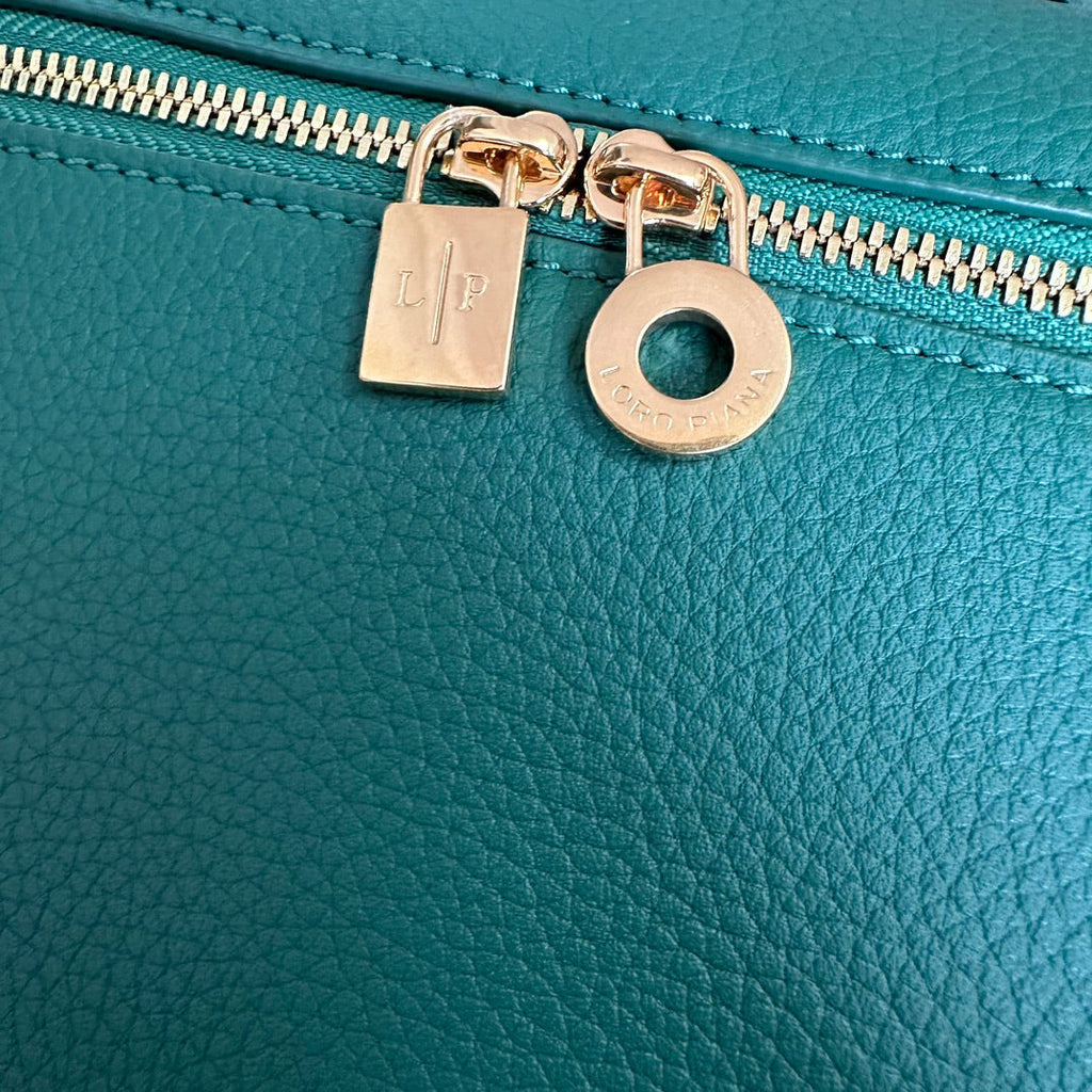 LORO PIANA EXTRA POCKET BACKPACK L23.5 IN TEAL GREEN CALFSKIN WITH GOLD HARDWARE