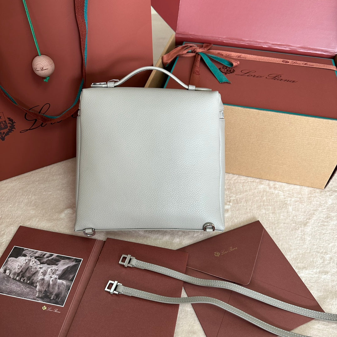 LORO PIANA EXTRA POCKET BACKPACK L23.5 IN PEARL GRAY CALFSKIN WITH SILVER HARDWARE