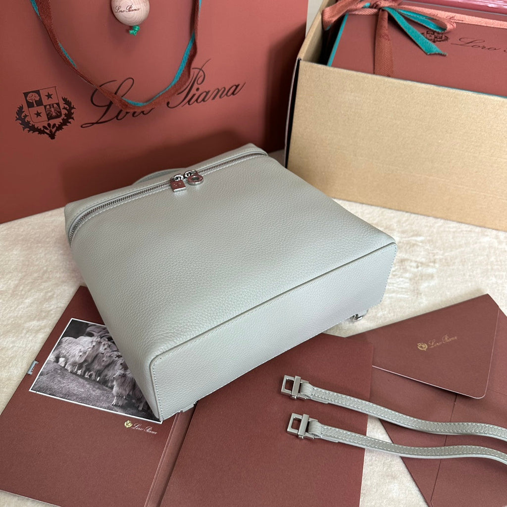 LORO PIANA EXTRA POCKET BACKPACK L23.5 IN PEARL GRAY CALFSKIN WITH SILVER HARDWARE