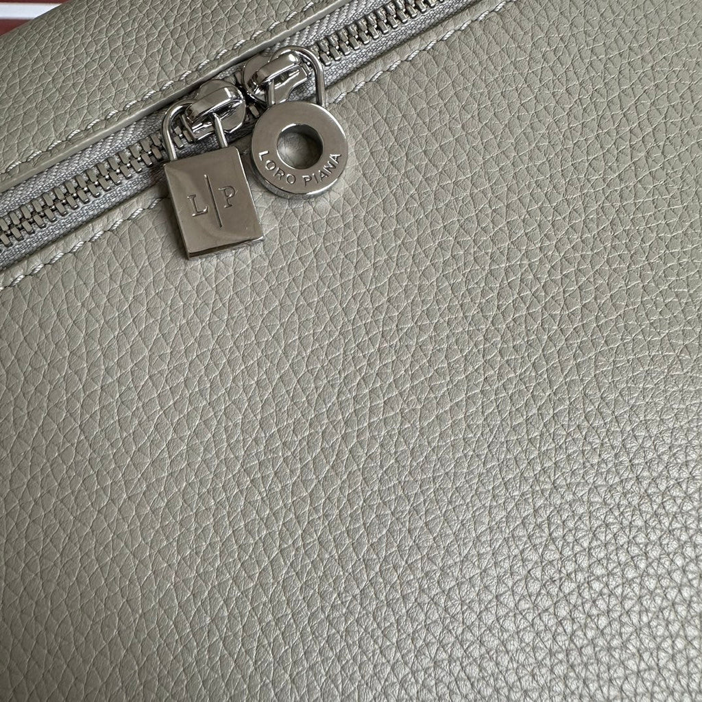 LORO PIANA EXTRA POCKET BACKPACK L23.5 IN PEARL GRAY CALFSKIN WITH SILVER HARDWARE