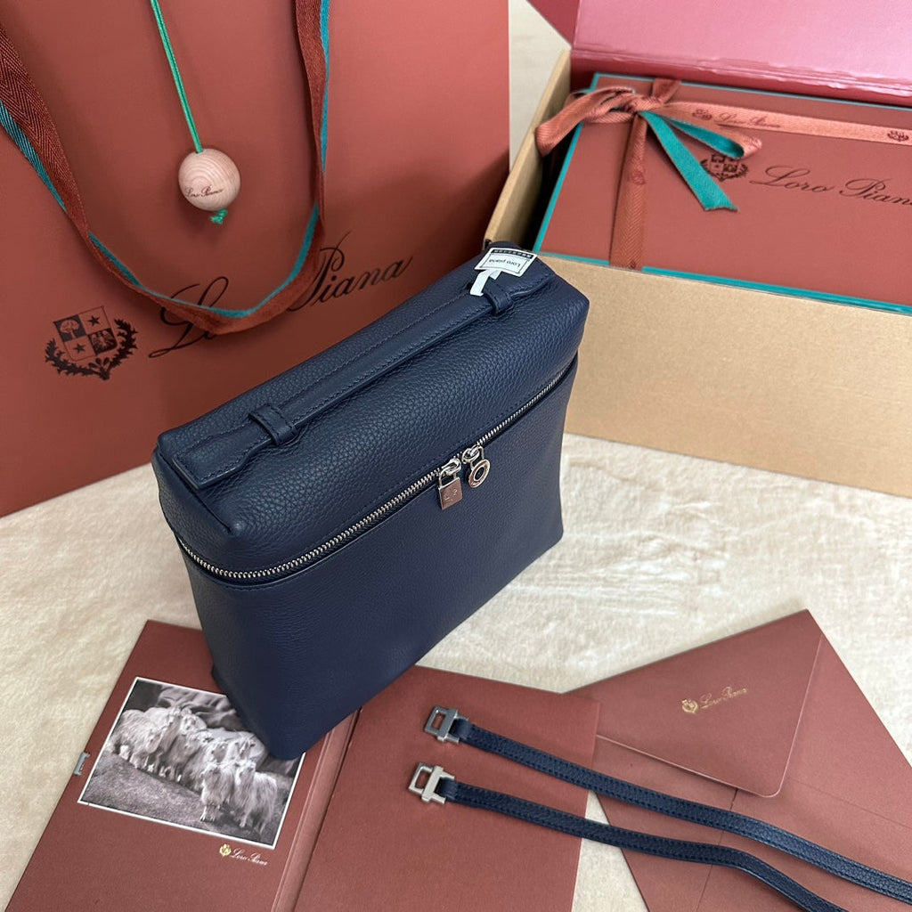 LORO PIANA EXTRA POCKET BACKPACK L23.5 IN NAVY BLUE CALFSKIN WITH SILVER HARDWARE