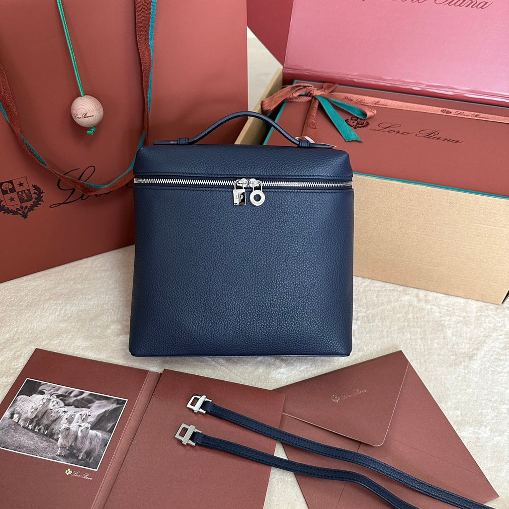 LORO PIANA EXTRA POCKET BACKPACK L23.5 IN NAVY BLUE CALFSKIN WITH SILVER HARDWARE
