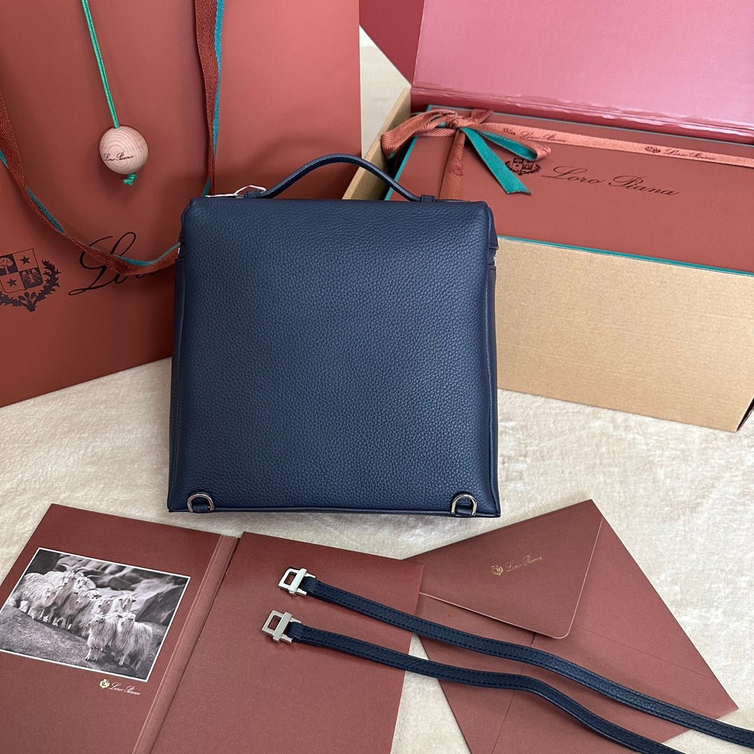 LORO PIANA EXTRA POCKET BACKPACK L23.5 IN NAVY BLUE CALFSKIN WITH SILVER HARDWARE