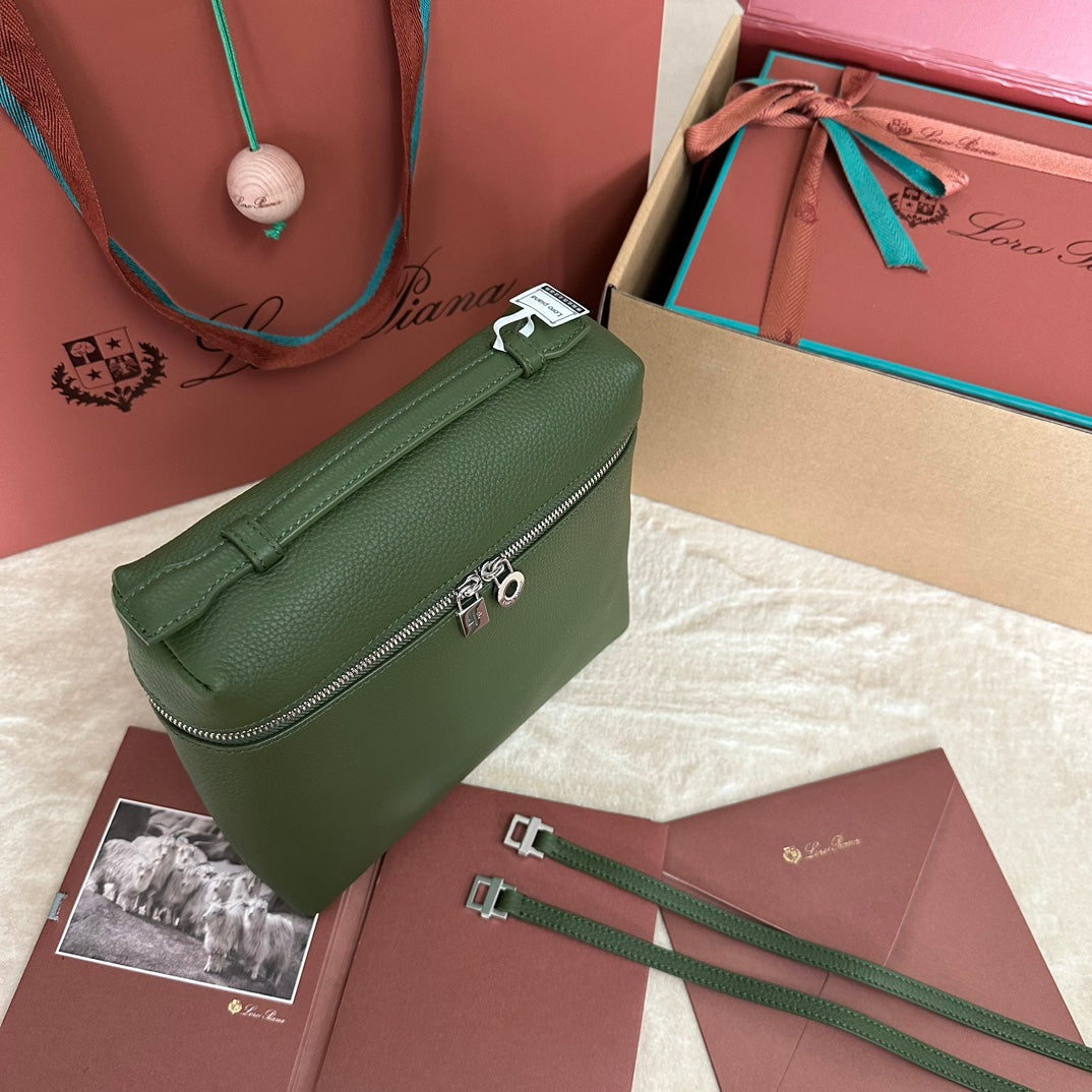 LORO PIANA EXTRA POCKET BACKPACK L23.5 IN PINE GREEN CALFSKIN WITH SILVER HARDWARE