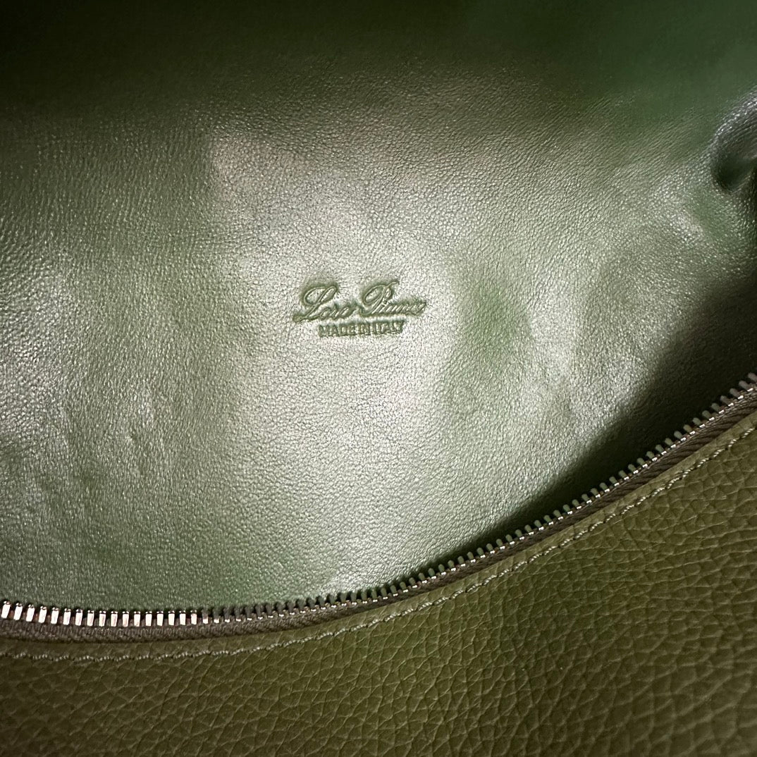 LORO PIANA EXTRA POCKET BACKPACK L23.5 IN PINE GREEN CALFSKIN WITH SILVER HARDWARE
