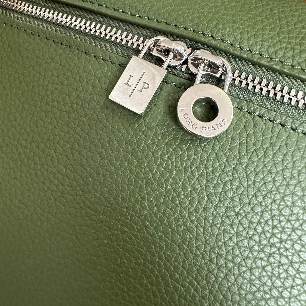 LORO PIANA EXTRA POCKET BACKPACK L23.5 IN PINE GREEN CALFSKIN WITH SILVER HARDWARE