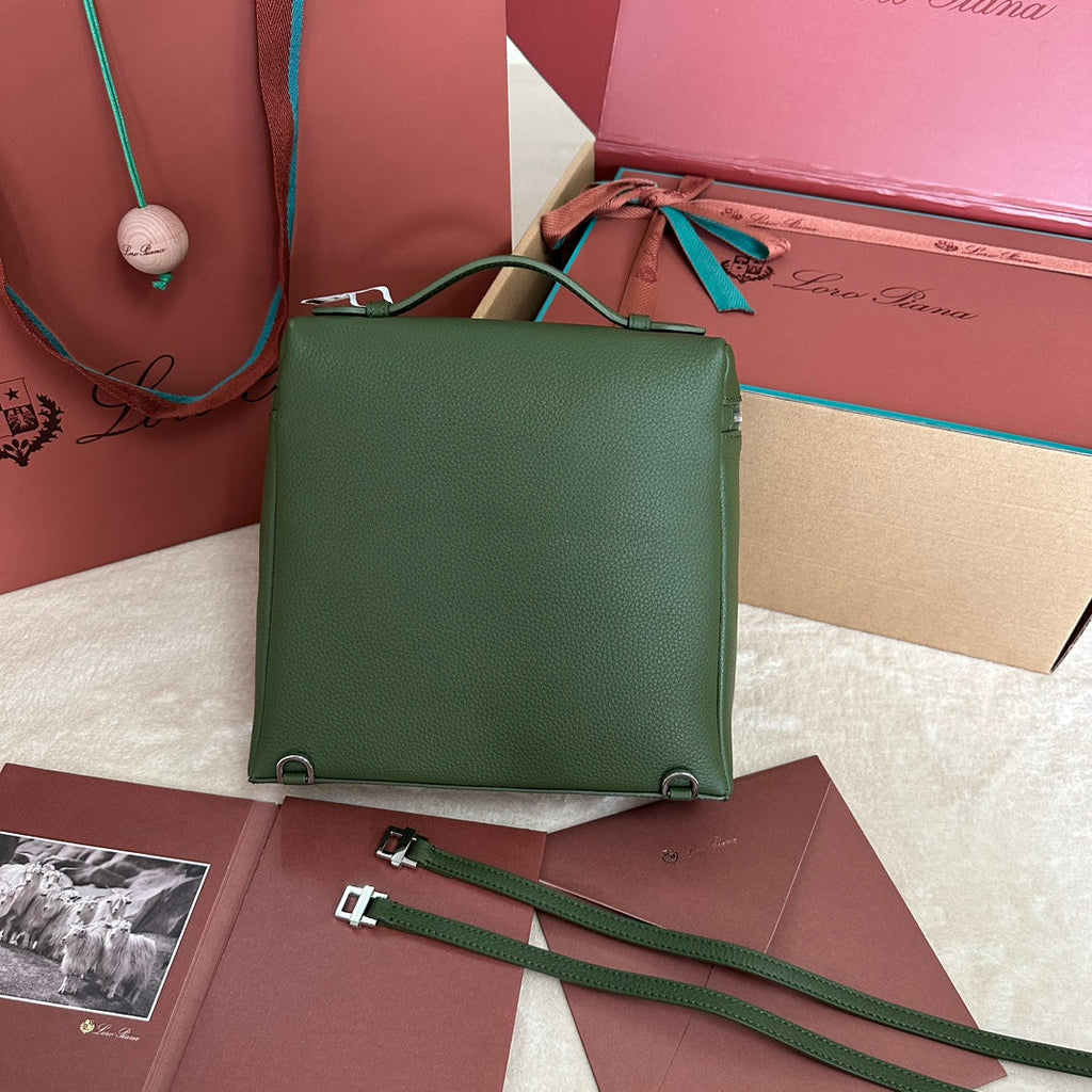 LORO PIANA EXTRA POCKET BACKPACK L23.5 IN PINE GREEN CALFSKIN WITH SILVER HARDWARE