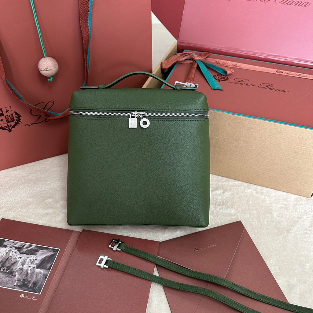 LORO PIANA EXTRA POCKET BACKPACK L23.5 IN PINE GREEN CALFSKIN WITH SILVER HARDWARE