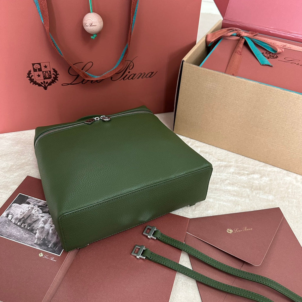 LORO PIANA EXTRA POCKET BACKPACK L23.5 IN PINE GREEN CALFSKIN WITH SILVER HARDWARE