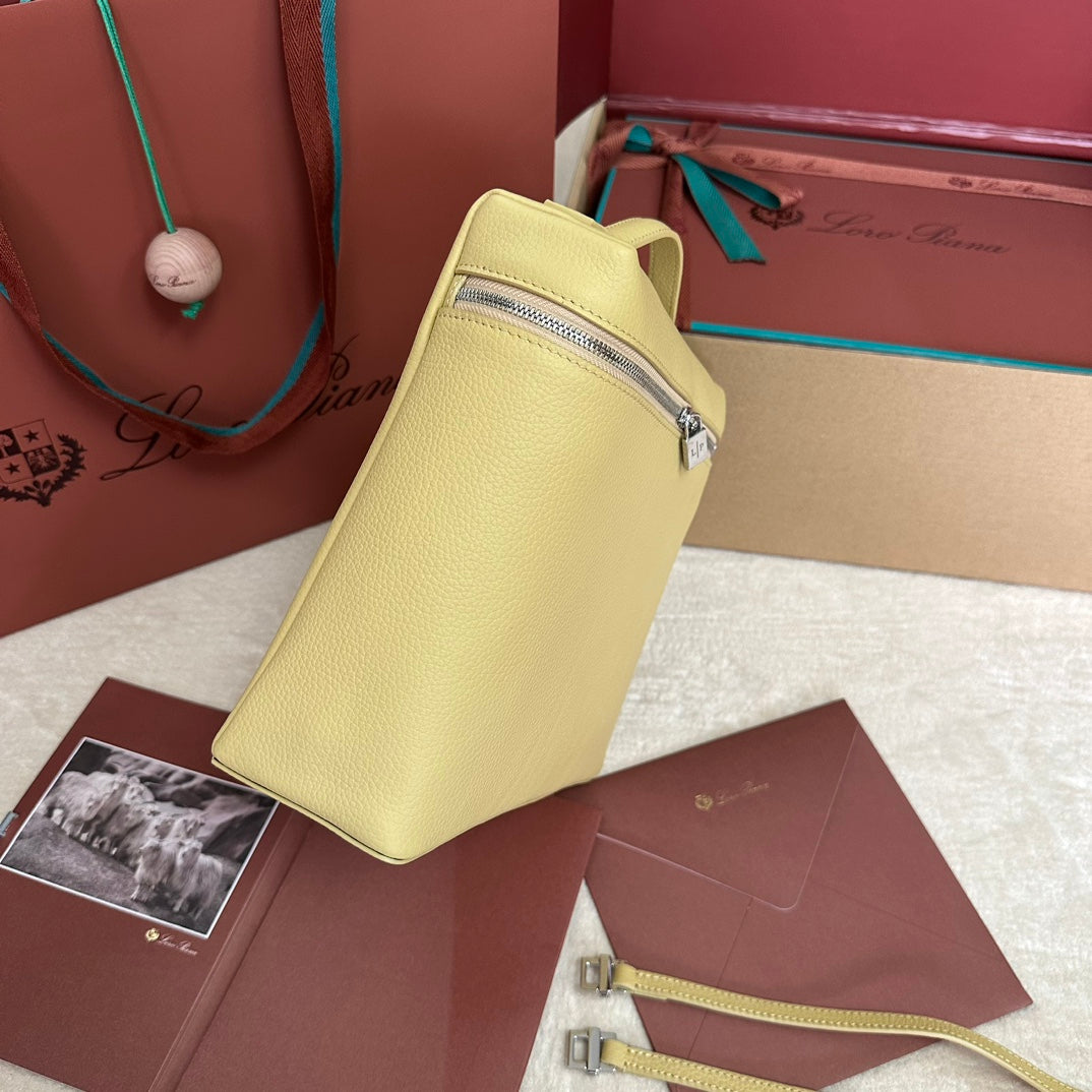LORO PIANA EXTRA POCKET BACKPACK L23.5 IN LIGHT YELLOW CALFSKIN WITH SILVER HARDWARE