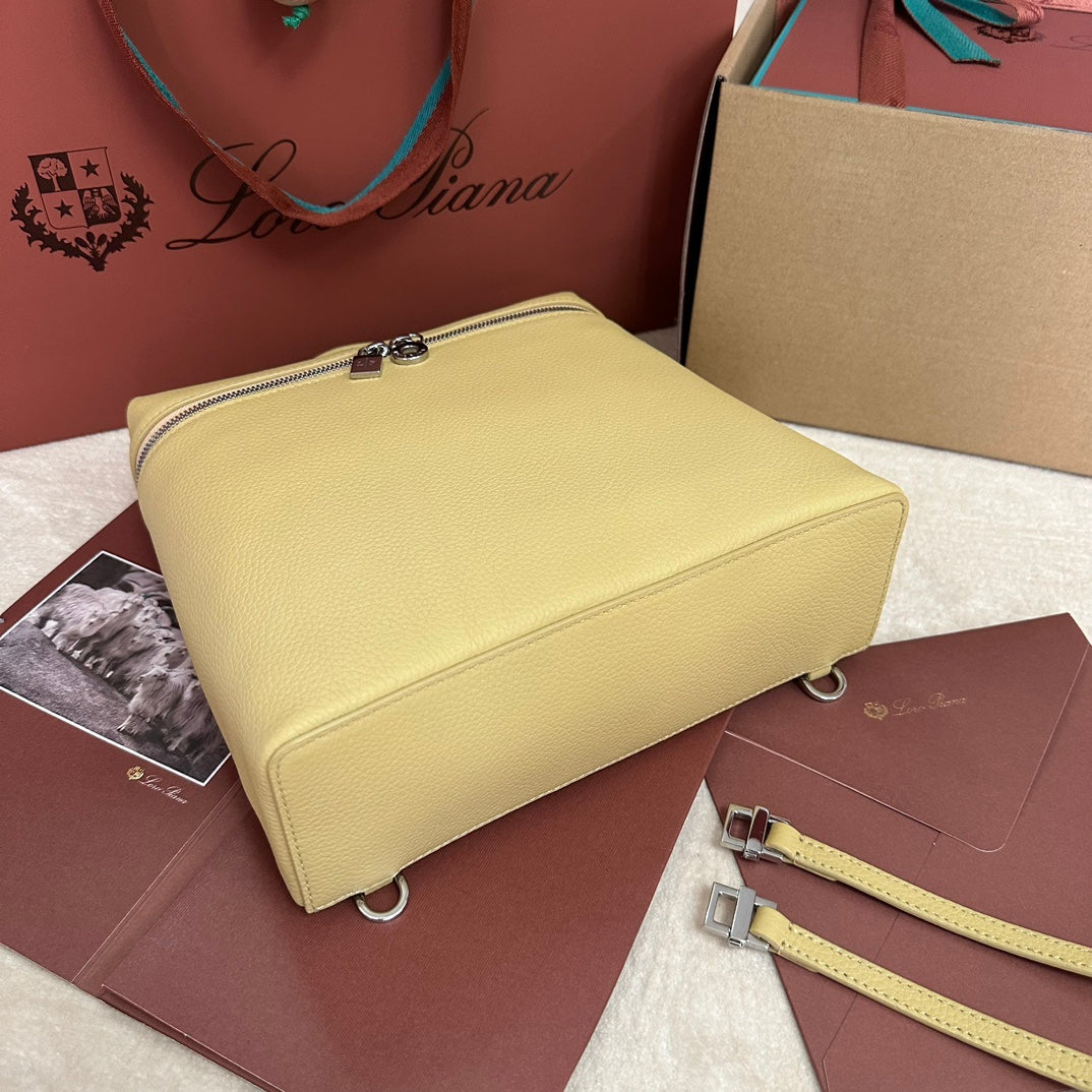 LORO PIANA EXTRA POCKET BACKPACK L23.5 IN LIGHT YELLOW CALFSKIN WITH SILVER HARDWARE