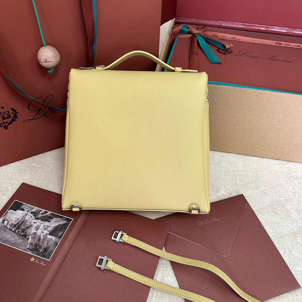 LORO PIANA EXTRA POCKET BACKPACK L23.5 IN LIGHT YELLOW CALFSKIN WITH SILVER HARDWARE