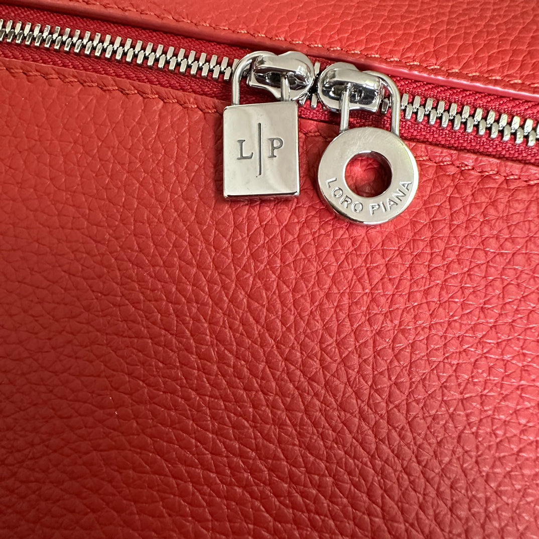 LORO PIANA EXTRA POCKET BACKPACK L23.5 IN CINOBER RED CALFSKIN WITH SILVER HARDWARE