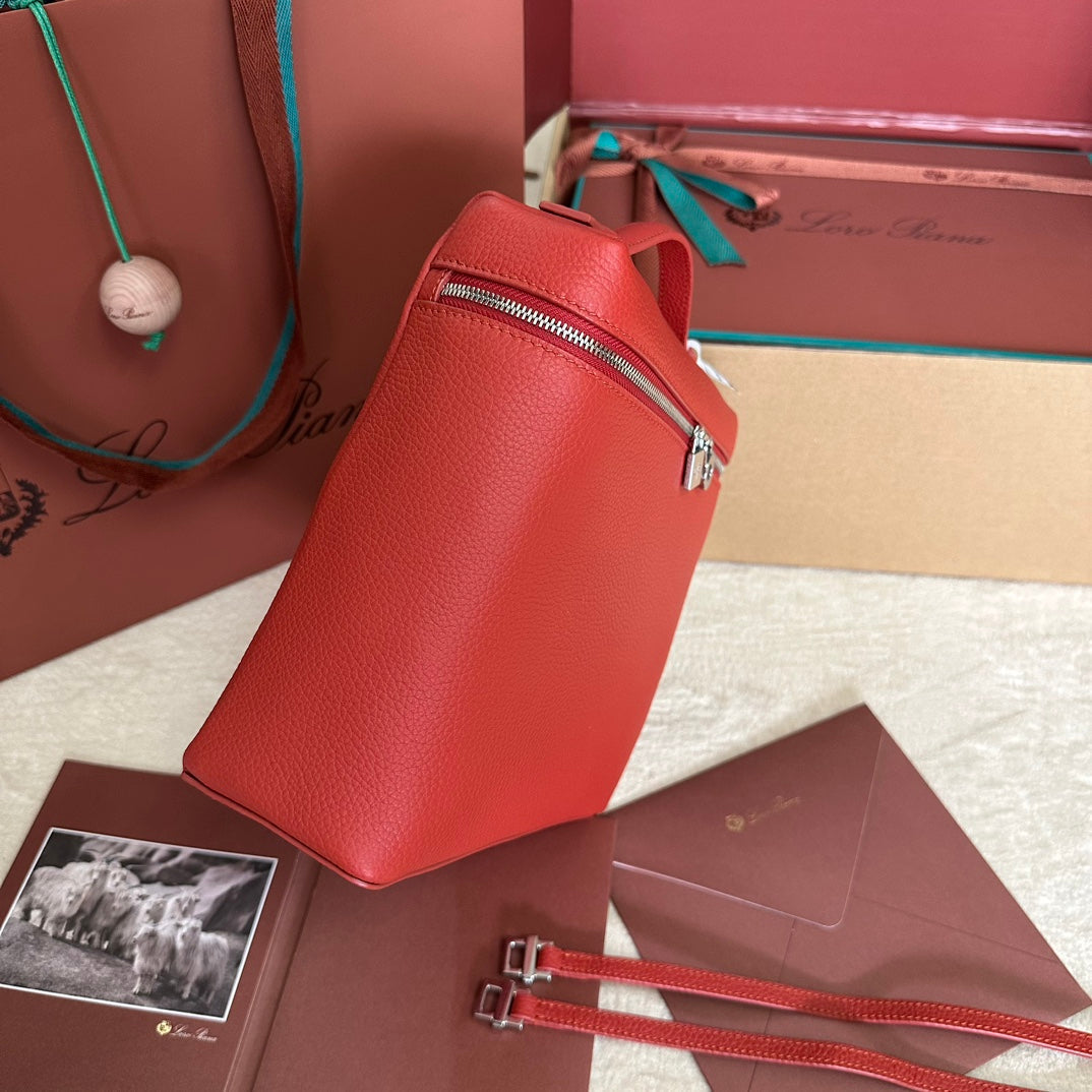 LORO PIANA EXTRA POCKET BACKPACK L23.5 IN CINOBER RED CALFSKIN WITH SILVER HARDWARE
