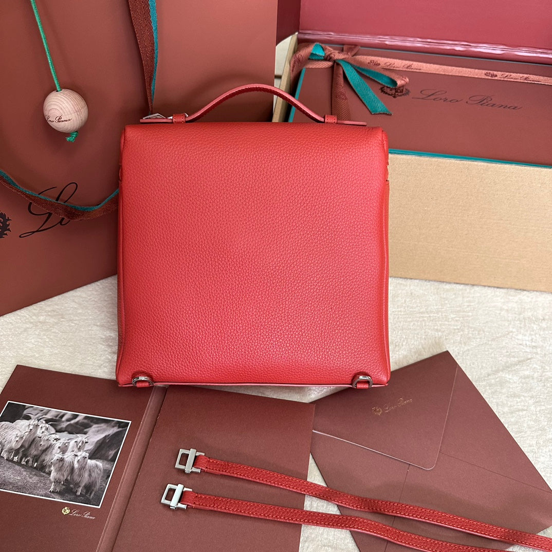 LORO PIANA EXTRA POCKET BACKPACK L23.5 IN CINOBER RED CALFSKIN WITH SILVER HARDWARE