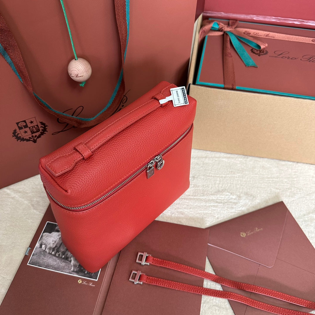 LORO PIANA EXTRA POCKET BACKPACK L23.5 IN CINOBER RED CALFSKIN WITH SILVER HARDWARE
