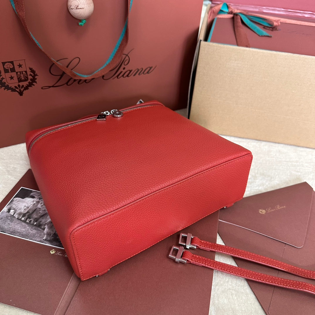 LORO PIANA EXTRA POCKET BACKPACK L23.5 IN CINOBER RED CALFSKIN WITH SILVER HARDWARE
