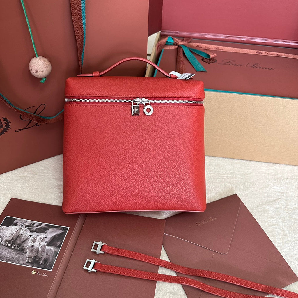 LORO PIANA EXTRA POCKET BACKPACK L23.5 IN CINOBER RED CALFSKIN WITH SILVER HARDWARE