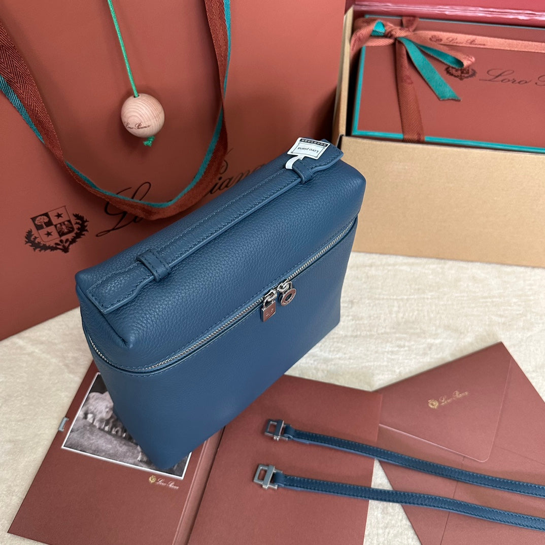 LORO PIANA EXTRA POCKET BACKPACK L23.5 IN CLASSIC BLUE CALFSKIN WITH SILVER HARDWARE