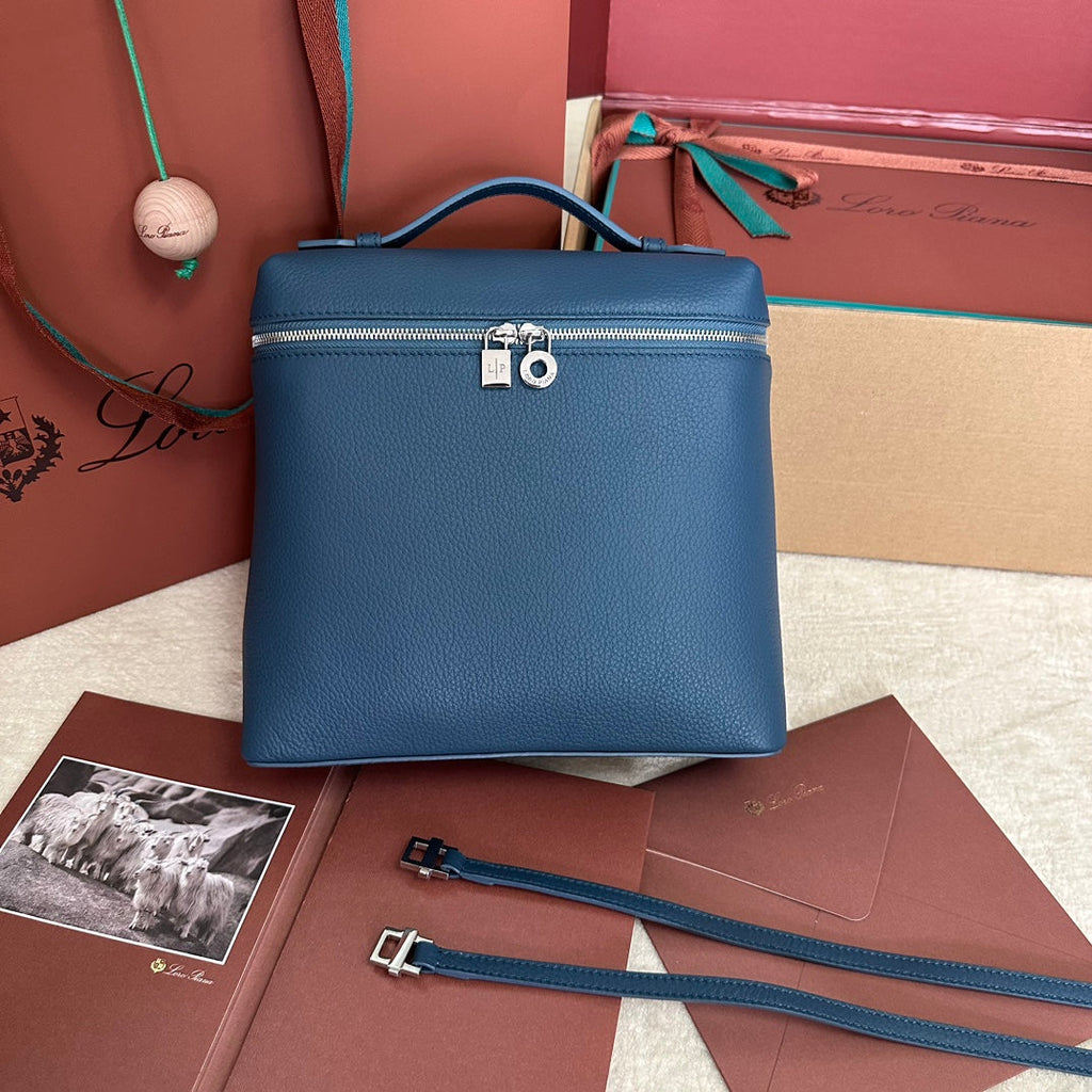 LORO PIANA EXTRA POCKET BACKPACK L23.5 IN CLASSIC BLUE CALFSKIN WITH SILVER HARDWARE