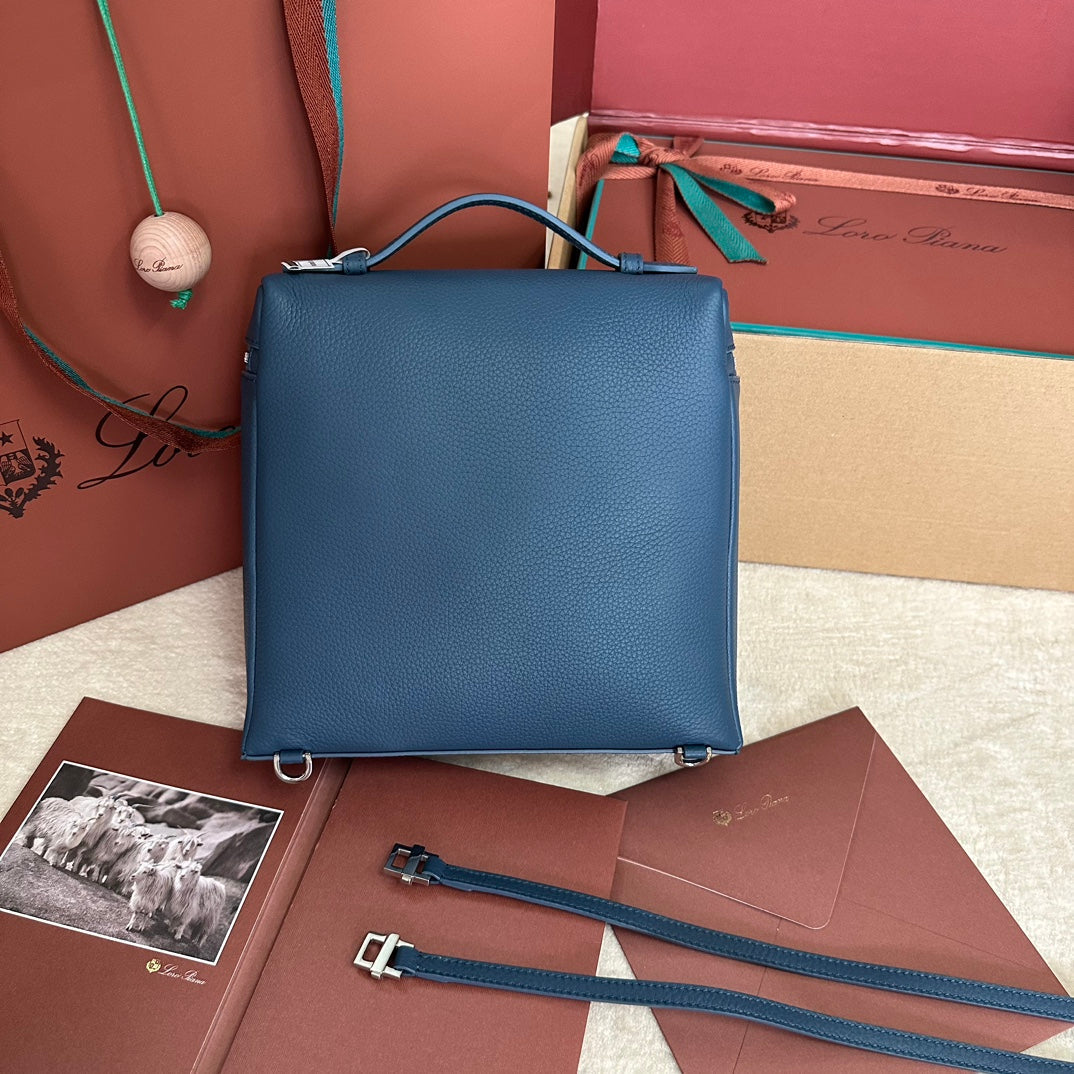 LORO PIANA EXTRA POCKET BACKPACK L23.5 IN CLASSIC BLUE CALFSKIN WITH SILVER HARDWARE