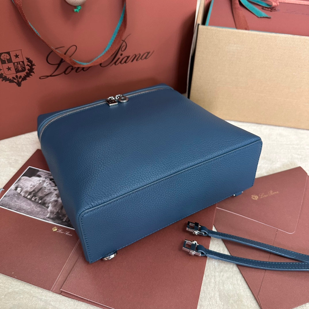 LORO PIANA EXTRA POCKET BACKPACK L23.5 IN CLASSIC BLUE CALFSKIN WITH SILVER HARDWARE