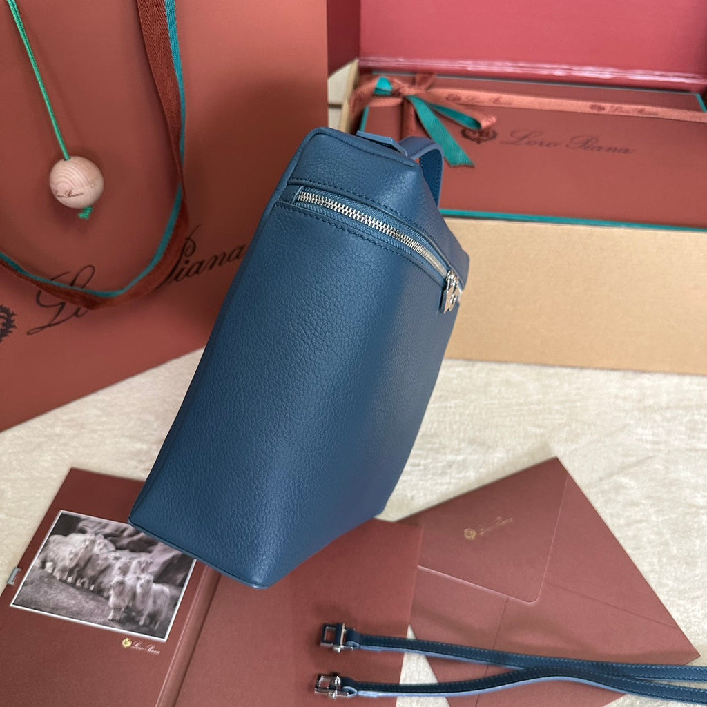 LORO PIANA EXTRA POCKET BACKPACK L23.5 IN CLASSIC BLUE CALFSKIN WITH SILVER HARDWARE