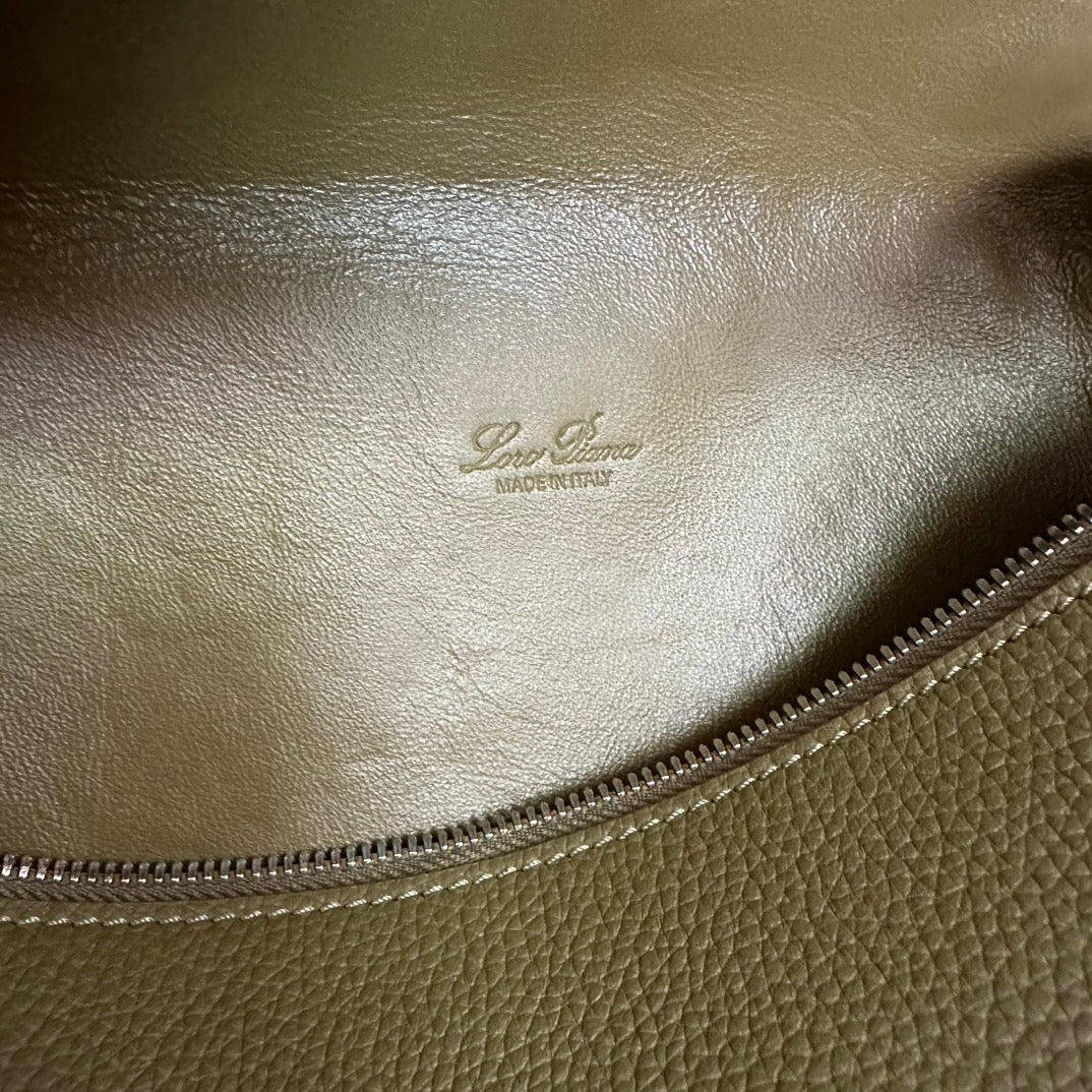 LORO PIANA EXTRA POCKET BACKPACK L23.5 IN ARMY GREEN CALFSKIN WITH SILVER HARDWARE