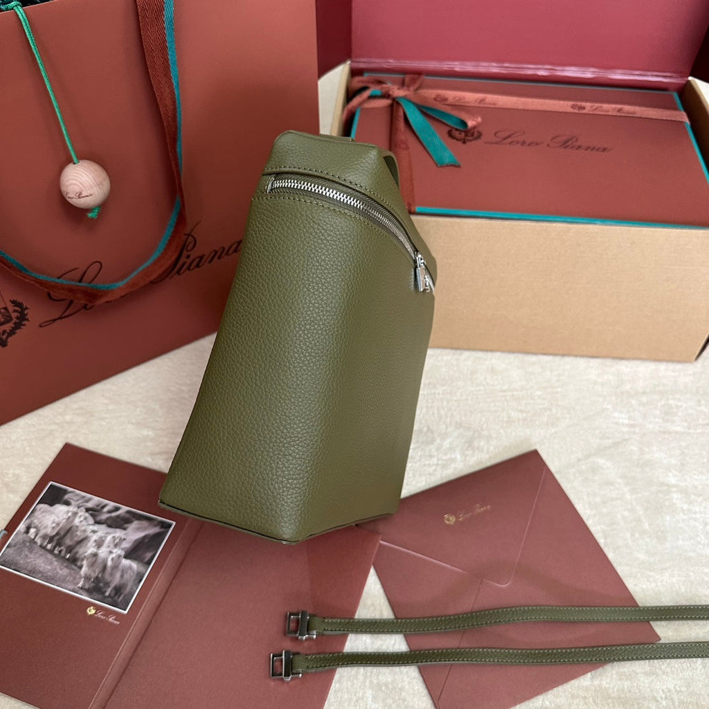 LORO PIANA EXTRA POCKET BACKPACK L23.5 IN ARMY GREEN CALFSKIN WITH SILVER HARDWARE
