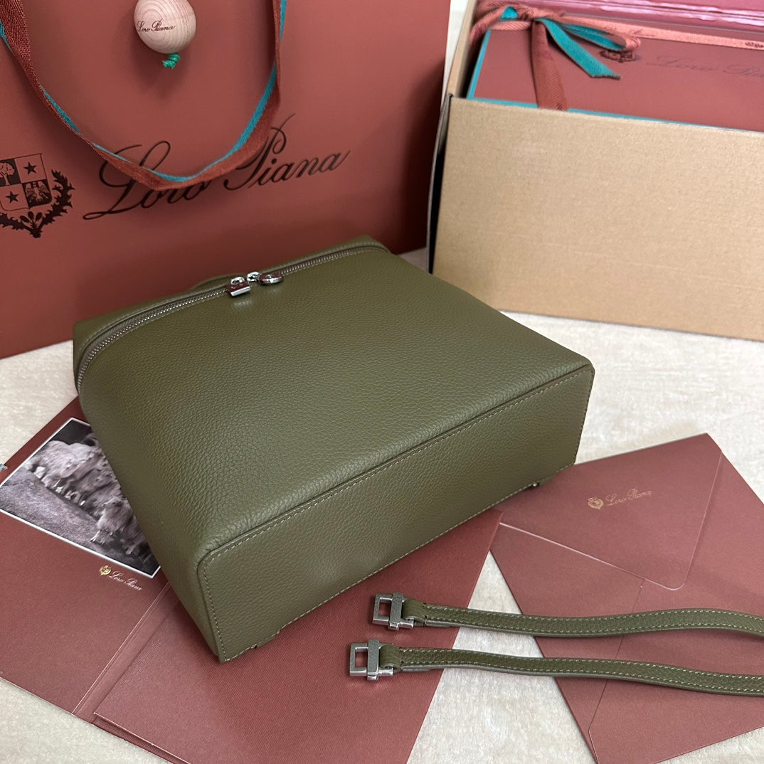 LORO PIANA EXTRA POCKET BACKPACK L23.5 IN ARMY GREEN CALFSKIN WITH SILVER HARDWARE