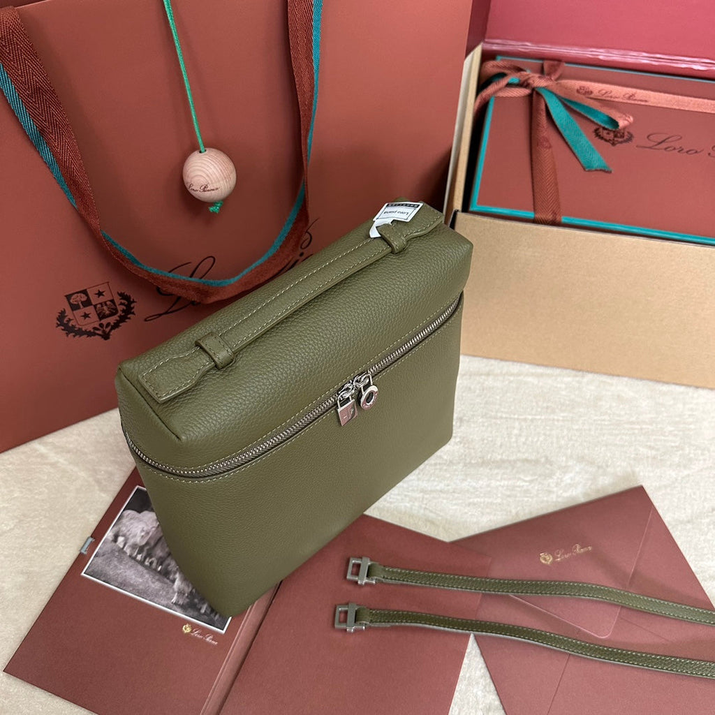 LORO PIANA EXTRA POCKET BACKPACK L23.5 IN ARMY GREEN CALFSKIN WITH SILVER HARDWARE