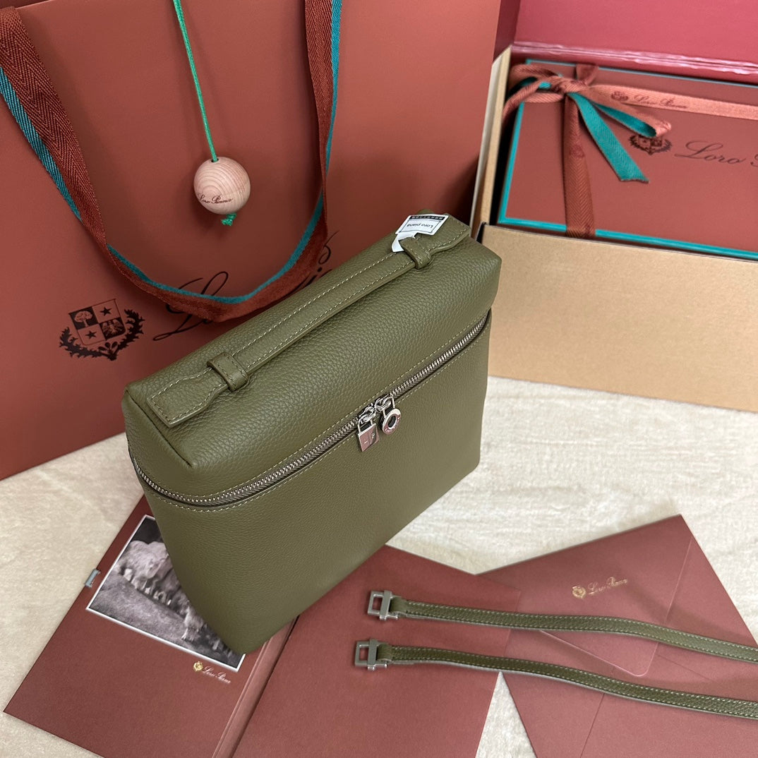 LORO PIANA EXTRA POCKET BACKPACK L23.5 IN ARMY GREEN CALFSKIN WITH SILVER HARDWARE