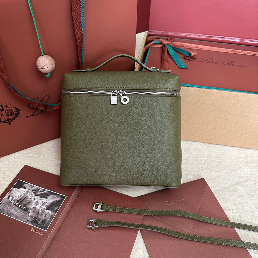 LORO PIANA EXTRA POCKET BACKPACK L23.5 IN ARMY GREEN CALFSKIN WITH SILVER HARDWARE